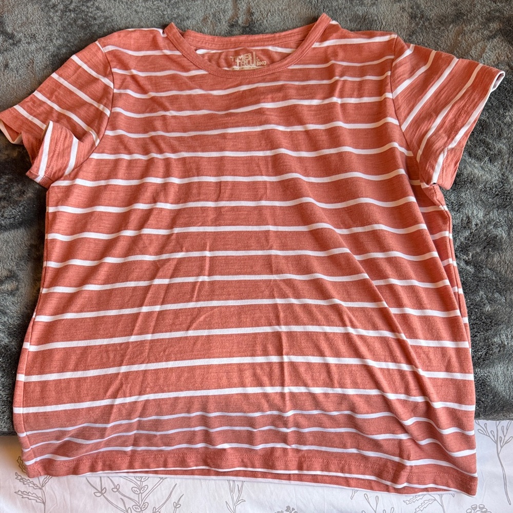 Time and Tru Women's Short Sleeve Striped Tee - Coral and White